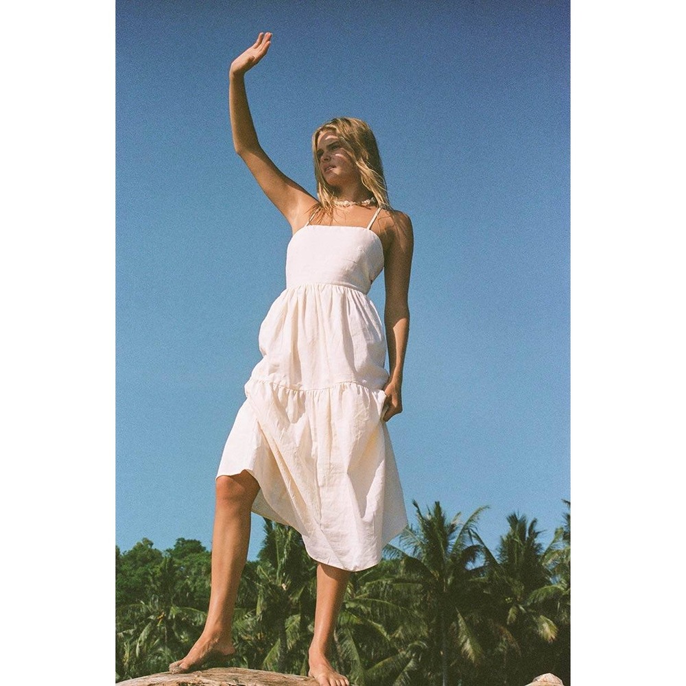 ROVE Joie Midi Dress Small White Linen Cotton Tiered Strapless Sun Dress